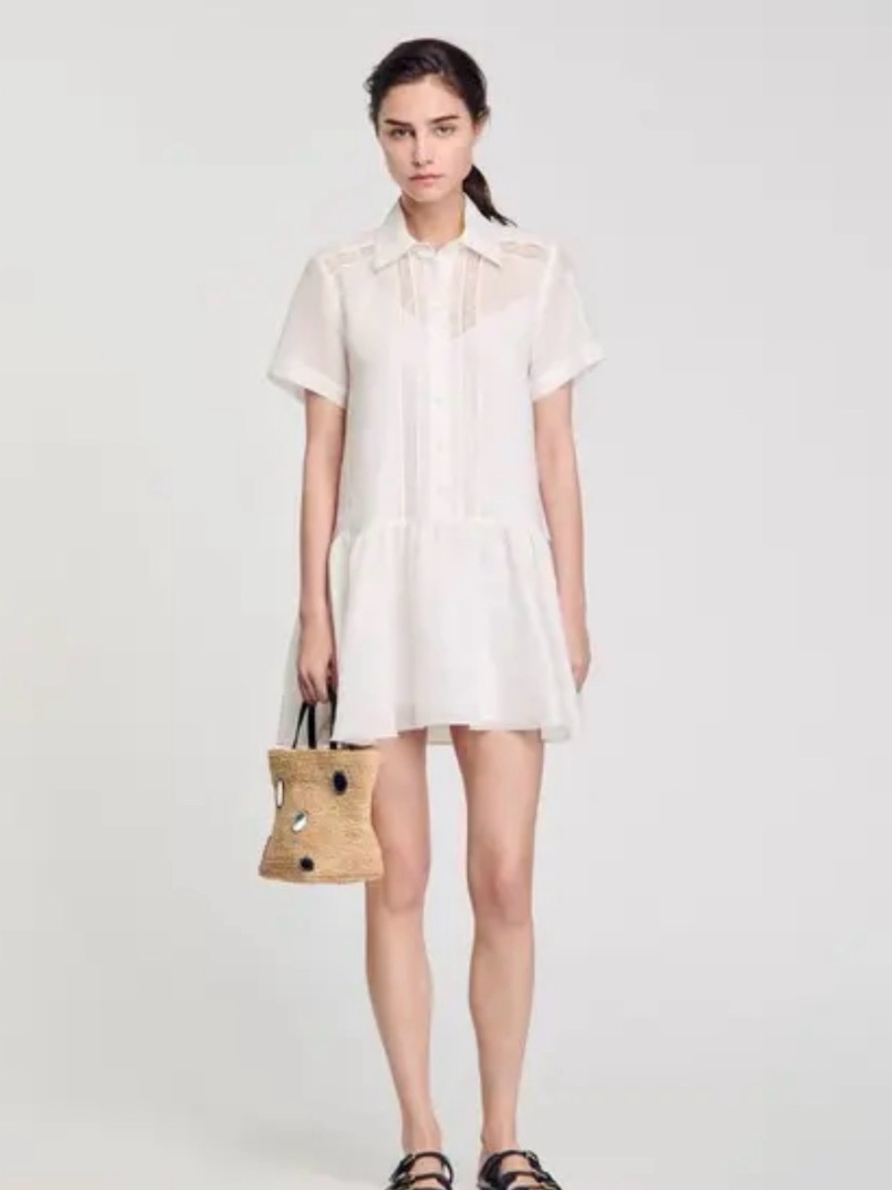 Sandro linen blend Short Sleeve White Shirt Dress lace details